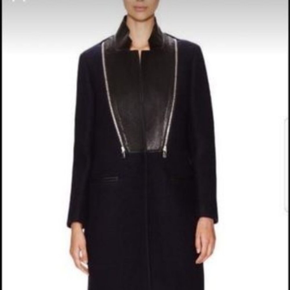 SANDRO~Mantreau~BLACK WOOL & LEATHER WOMENS COAT SIZE 42/ US 10 NEAR NEW